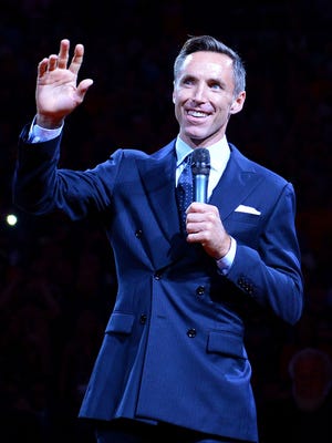 Two-time NBA Most Valuable Player Steve Nash smiles during his induction to the Suns Ring of Honor at Talking Stick Resort Arena.
