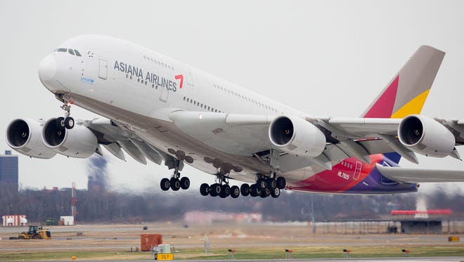 An Asiana Airlines Airbus A380 jet departs New York JFK for Seoul, South Korea on January 17, 2016.