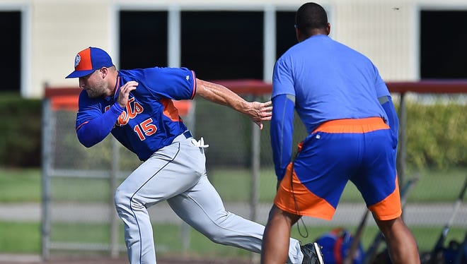 Sept. 19: Tim Tebow's first drill was a baserunning lesson, as a news helicopter circled overhead.