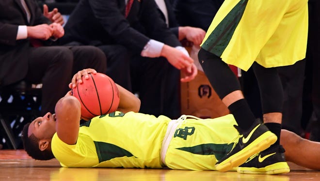 Baylor guard King McClure reacts after a play during the first half against South Carolina in the Sweet 16 of the NCAA tournament at Madison Square Garden in New York.