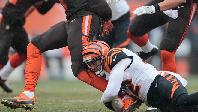 Cincinnati Bengals safety Clayton Fejedelem (42) makes a special-teams tackle in the first quarter during the Week 14 NFL game between the Cincinnati Bengals and the Cleveland Browns, Sunday, Dec. 11, 2016, at FirstEnergy Stadium in Cleveland. Cincinnati won 23-10.
