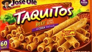 The recalled Jose Ole Taquitos Beef Carne De Res in Corn Tortillas Crispy and Crunchy are in 60-ounce plastic bags.