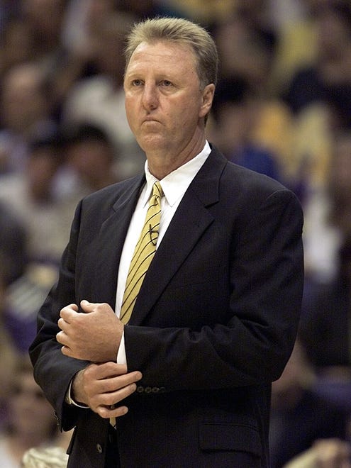 Indiana Pacers head coach Larry Bird watches his team in the 1st quarter during the 6th game of the NBA Finals between the Pacers and the Los Angeles Lakers at the Staples Center, June 19, 2000.
