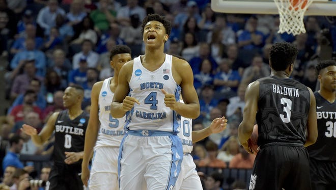 North Carolina forward Isaiah Hicks (4) celebrates a basket during the second half against Butler in the Sweet 16 of the NCAA tournament at FedExForum in Memphis.