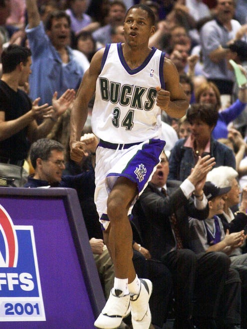 Ray Allen celebrates after making a three-point basket in the third quarter of the 2001 Eastern Conference semifinals.