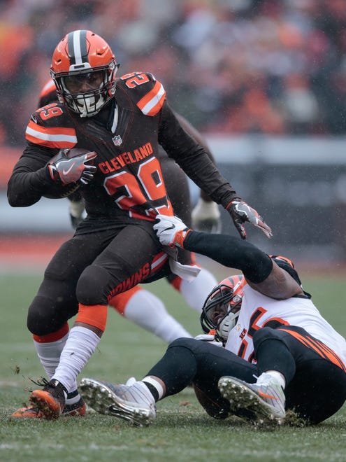 Cincinnati Bengals outside linebacker Vontaze Burfict (55) tackles Cleveland Browns running back Duke Johnson (29) in the first quarter during the Week 14 NFL game between the Cincinnati Bengals and the Cleveland Browns, Sunday, Dec. 11, 2016, at FirstEnergy Stadium in Cleveland.