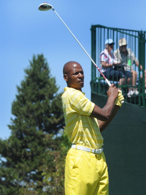 Ray Allen of the Miami Heat hits off the 10th tee during a Celeb-Am at Edgewood Tahoe.