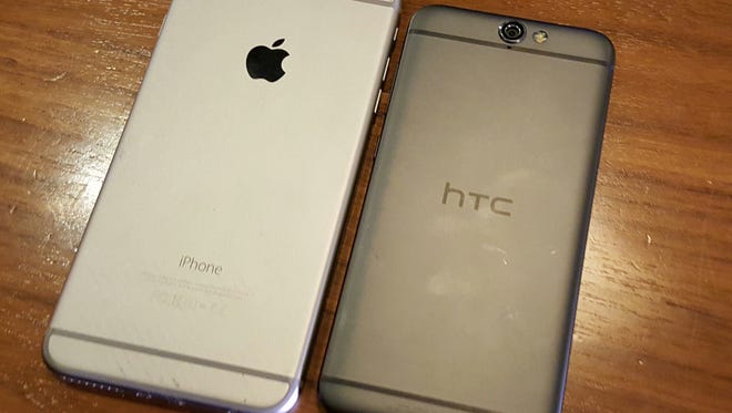 HTC's new One A9 smartphone (right) shares a design similar to Apple's iPhone 6 and 6 Plus line (left)