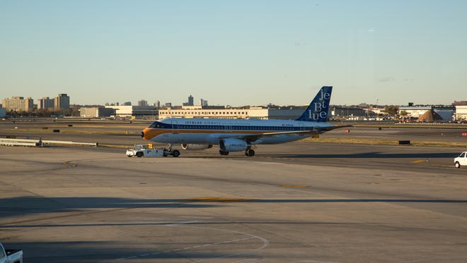 JetBlue unveils its new "RetroJet" special livery on an Airbus A321 at New York JFK airport on Nov. 11, 2016.