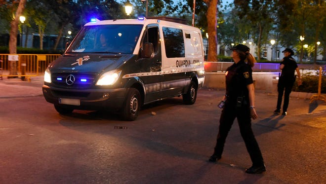 A Civil Guard van leaves the Audiencia Nacional court direction Soto del Real prison, in Madrid, Spain on Aug. 22,  2017, with Mohammed Houli Chemlal and Driss Oukabir, two of the four suspects arrested in relation to the terrorist attacks in Catalonia, after declaring before the judge in relation to the terrorist attacks in which 15 people died and 130 were injured when two vehicles crashed into pedestrians in Las Ramblas, downtown Barcelona and on a promenade in Cambrils on Aug. 17, 2017. The judge has ordered two of the suspects to be held without bail, one to be remanded in custody and one suspect released.