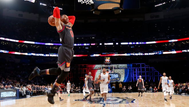 Sunday: Russell Westbrook dunks the ball in the 2017 NBA All-Star Game.
