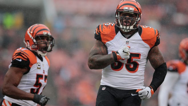 Cincinnati Bengals outside linebacker Vontaze Burfict (55) celebrates a third-down stop in the second quarter during the Week 14 NFL game between the Cincinnati Bengals and the Cleveland Browns, Sunday, Dec. 11, 2016, at FirstEnergy Stadium in Cleveland.