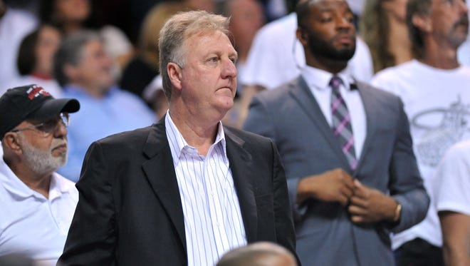 Indiana Pacers president Larry Bird watches the game against the Miami Heat in game four of the Eastern Conference Finals of the 2014 NBA Playoffs at American Airlines Arena.