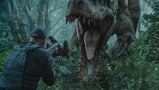 Indominus Rex attacks in a scene from 'Jurassic World.'