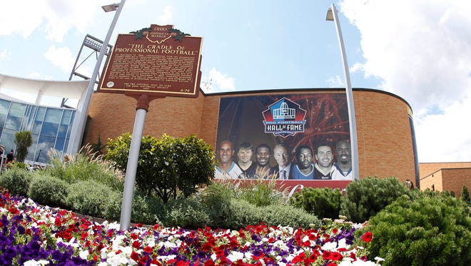General view of a banner  showing the Class of 2017 before the Professional Football HOF enshrinement ceremonies at the Tom Benson Hall of Fame Stadium.