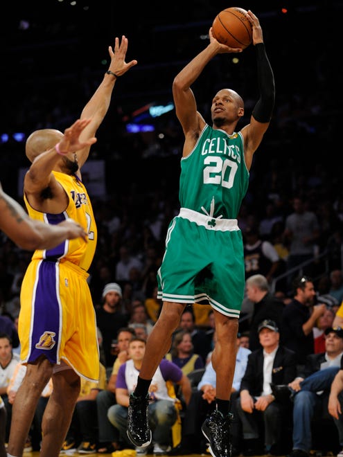 Boston Celtics' Ray Allen puts up a shot in Game 7 of the 2010 NBA Finals at the Staples Center.