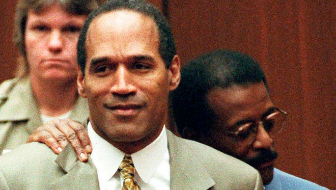 Simpson with attorney Johnnie Cochran as his not guilty verdict is read in 1995.