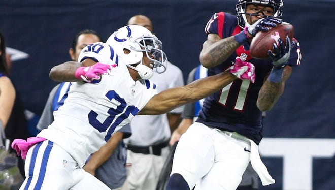 Texans wide receiver Jaelen Strong (11) makes a reception in overtime against the Colts.
