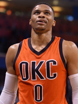 Oklahoma City Thunder guard Russell Westbrook (0) reacts after a play against the Portland Trail Blazers during the fourth quarter at Chesapeake Energy Arena.