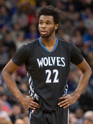 Minnesota Timberwolves forward Andrew Wiggins (22) looks on during the second half against the Golden State Warriors at Target Center.
