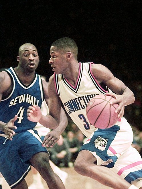 Ray Allen drives against Seton Hall's Adrian Griffin at the quarterfinal round of the Big East Championship at Madison Square Garden.