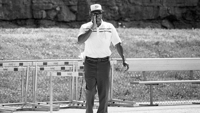 Tennessee State University famed coach Ed Temple is yelling instructions to some of his runners during the 9th annual Tigerbelle Relays April 12, 1986.