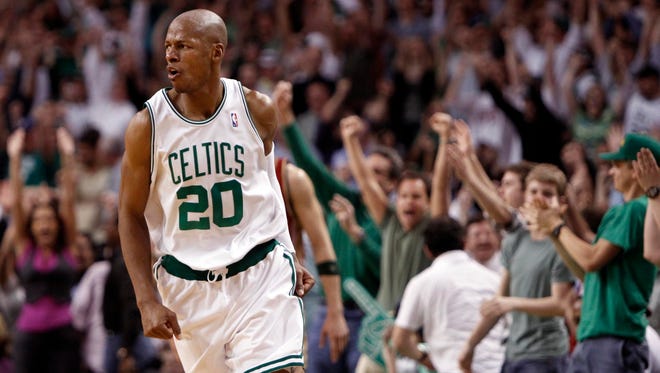 Ray Allen celebrates after hitting a three-point shot against the Cleveland Cavaliers.