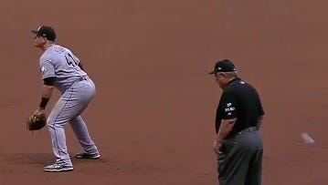 MLB umpire Joe West is hit in the back of the head by a baseball thrown from the stands