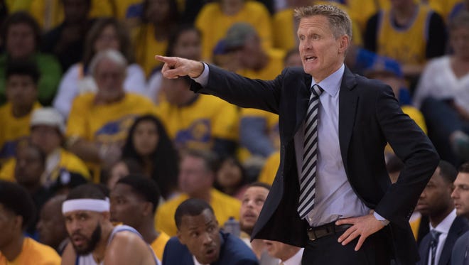 Golden State Warriors head coach Steve Kerr during the first quarter in game one of the first round of the 2017 NBA Playoffs against the Portland Trail Blazers at Oracle Arena.