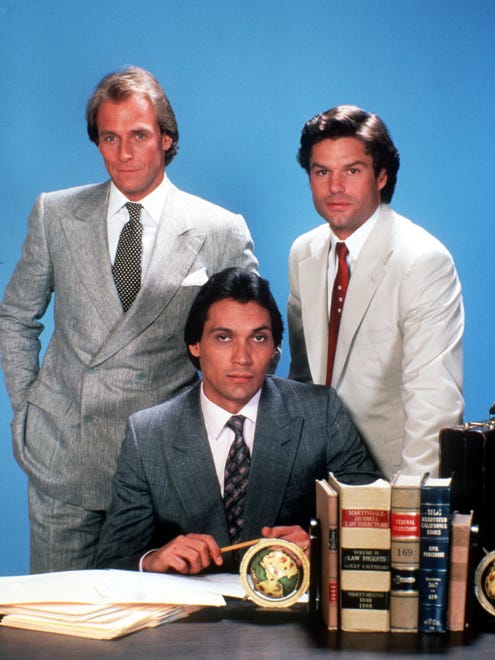 High-profile attorneys Arnie Becker (Corbin Bersen, left), Victor Sifuentes (Jimmy Smits) and Michael Kuzak (Harry Hamlin) of NBC's "L.A. Law."