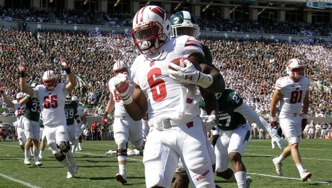Badgers tailback Corey Clement scores his second touchdown of the game Saturday against Michigan State. Clement rushed for 54 yards on 23 carries against the Spartans.