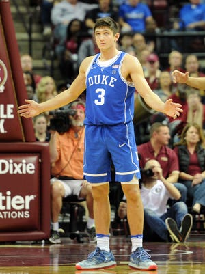 Duke Blue Devils guard Grayson Allen (3) reacts after a play during the second half of the game against the Florida State Seminoles at the Donald L. Tucker Center.