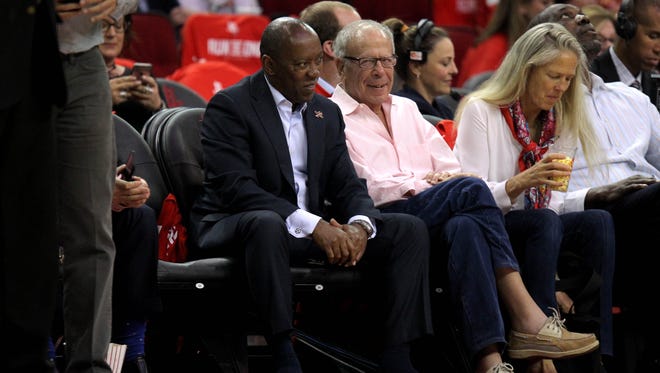 Houston mayor Sylvester Turner sits court side with Houston Rockets owner Leslie Alexander during the third quarter between the Houston Rockets and the Oklahoma City Thunder.