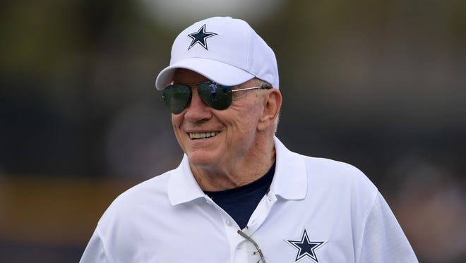 Dallas Cowboys owner Jerry Jones looks on at training camp at the River Ridge Fields.