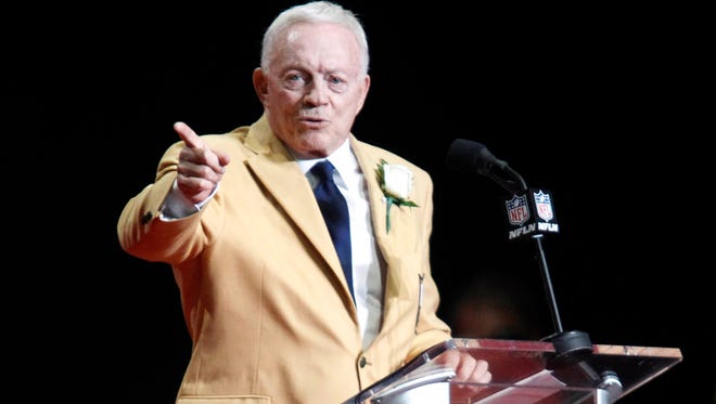 Aug 5, 2017; Canton, OH, USA;  Dallas Cowboys owner Jerry Jones delivers his acceptance speech during the Professional Football HOF enshrinement ceremonies at the Tom Benson Hall of Fame Stadium. Mandatory Credit: Charles LeClaire-USA TODAY Sports