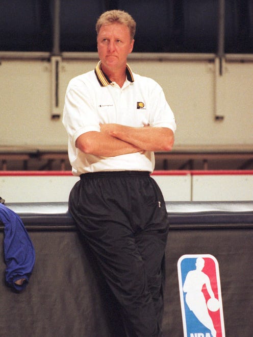 Indiana Pacers coach Larry Bird watches practice from the sidelines Tuesday, May 25, 1999 in Indianapolis as the team prepares for an Eastern Conference Championship matchup with the New York Knicks.