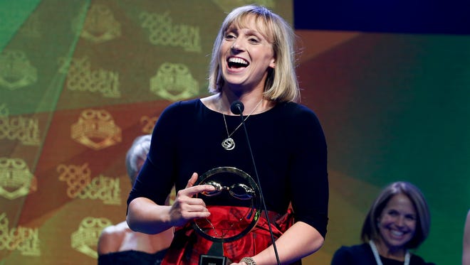 Katie Ledecky accepts her award for female athlete of the year during the 2016 Golden Goggle Awards at the Marriott Marquis Hotel on Nov. 21, 2016 in New York City.