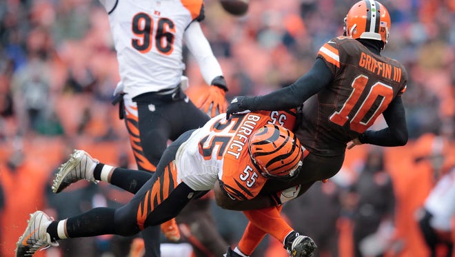 Cincinnati Bengals outside linebacker Vontaze Burfict (55) applies pressure on Cleveland Browns quarterback Robert Griffin III (10) as he throws in the fourth quarter during the Week 14 NFL game between the Cincinnati Bengals and the Cleveland Browns, Sunday, Dec. 11, 2016, at FirstEnergy Stadium in Cleveland. Cincinnati won 23-10.