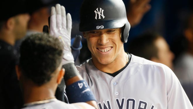 June 2: Aaron Judge celebrates his two run home run -- his 18th of the season -- against the Blue Jays.