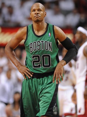 Boston Celtics shooting guard Ray Allen reacts during the first half in Game 1 of the 2012 Eastern Conference finals.