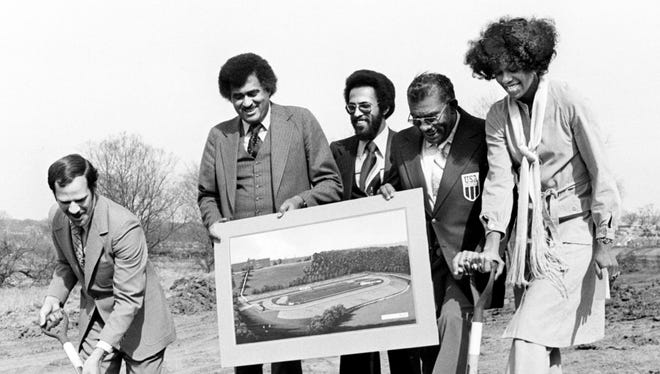 The first spades of dirt is being turn at the site of Tennessee State University new track March 9, 19077 by Dr. Pete Pere, left, of the Broad of Regents, TSU President Fredric Humphries, architect Harold Thompson, coach Ed Temple and former Tigerbelle great Wilma Rudolph Eldridge.