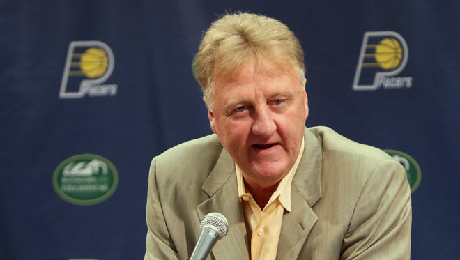 President of basketball operations for the Indiana Pacers, Larry Bird answers questions during a press conference, Wednesday, May 30, 2012.