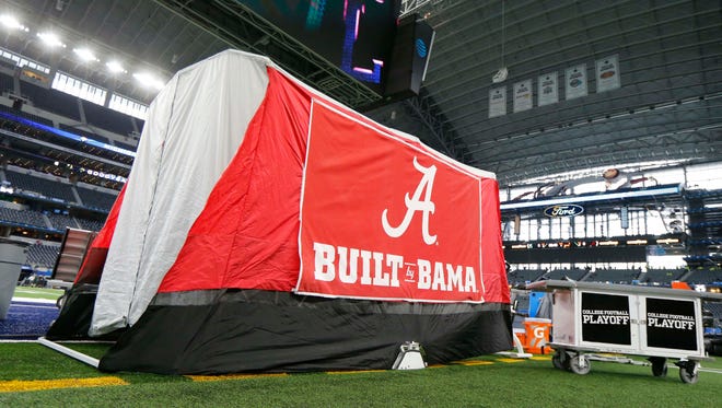 Alabama's medical tent for football games set up on the sideline of AT&T Cowboys Stadium prior to the College Football Playoff Cotton Bowl semifinal.