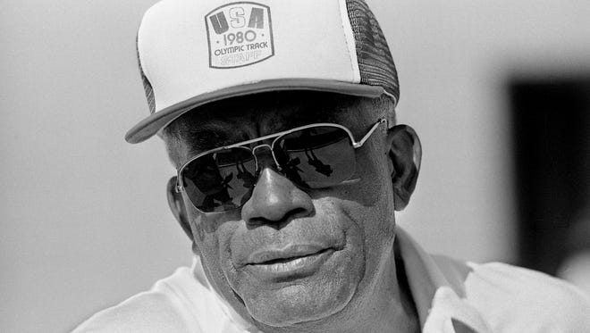 Tennessee State University famed coach Ed Temple is keeping his eyes on some of his runners during the 9th annual Tigerbelle Relays April 12, 1986.