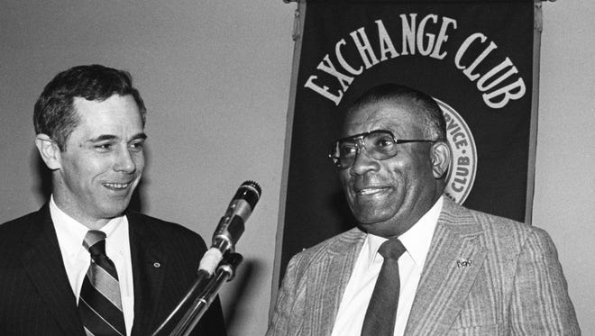 Tennessee State University track coach Ed Temple, right, is talking to the Nashville Exchange Club April 6, 1982 about the upcoming fifth annual Tigerbelle Relays at his track.