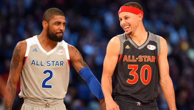 Sunday: Kyrie Irving talks with Stephen Curry in the 2017 NBA All-Star Game.