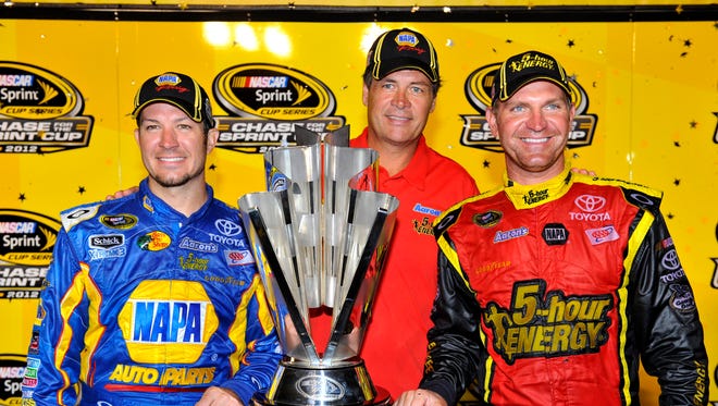Clint Bowyer, right, with team owner Michael Waltrip finished second in the 2012 Sprint Cup standings.