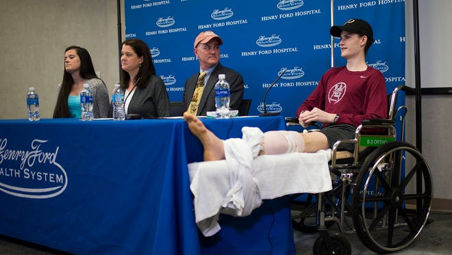 Sean English, 16, said during a news conference Monday, May 1, 2017, at Henry Ford Hospital in Detroit that he still hopes to attend Purdue University, where he had hopes of getting a running scholarship, before the car accident that cost him his right foot. His leg was amputated below the knee.