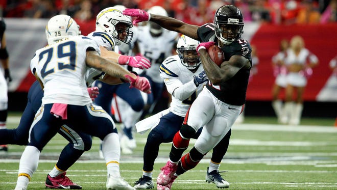 Atlanta Falcons wide receiver Julio Jones on the move after a catch in the first quarter of a game against the San Diego Chargers.