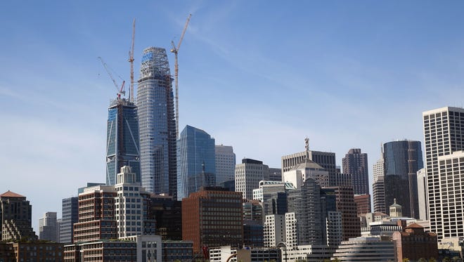 The San Francisco skyline shows the the under-construction $1 billion Salesforce Tower. When finished, it will be San Francisco's tallest building at 61 stories high, on the corners of 1st, Mission and Fremont Streets.